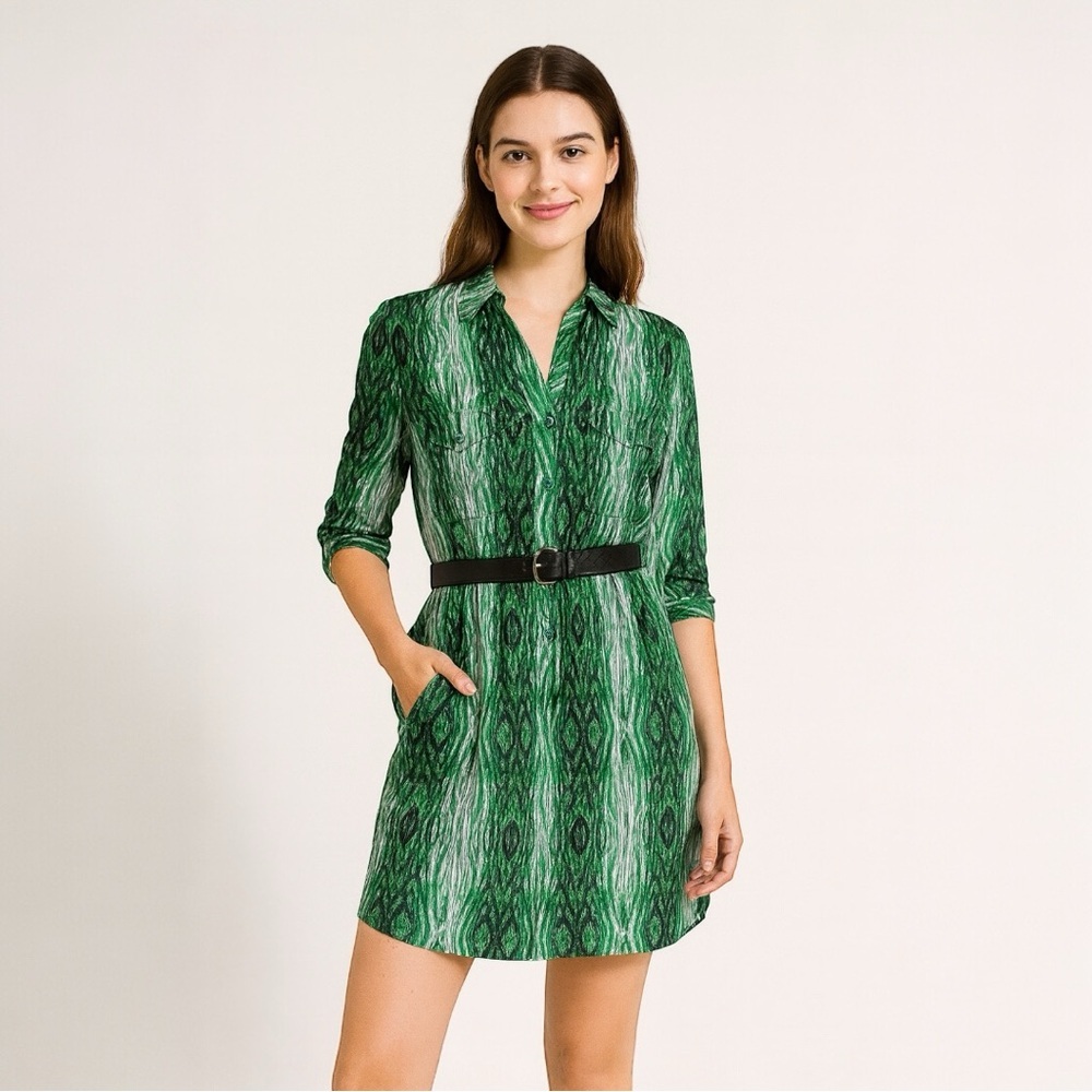 Derek Lam Green Abstract Print Shirt Dress | Size XL | Tunic Long Sleeve